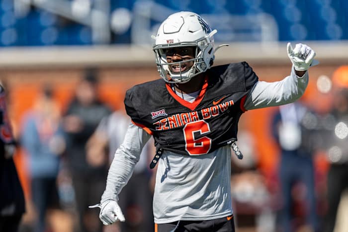 Jan 31, 2024; Mobile, AL, USA; National defensive back Chau Smith-Wade of Washington State (6) signals during practice for the National team at Hancock Whitney Stadium.